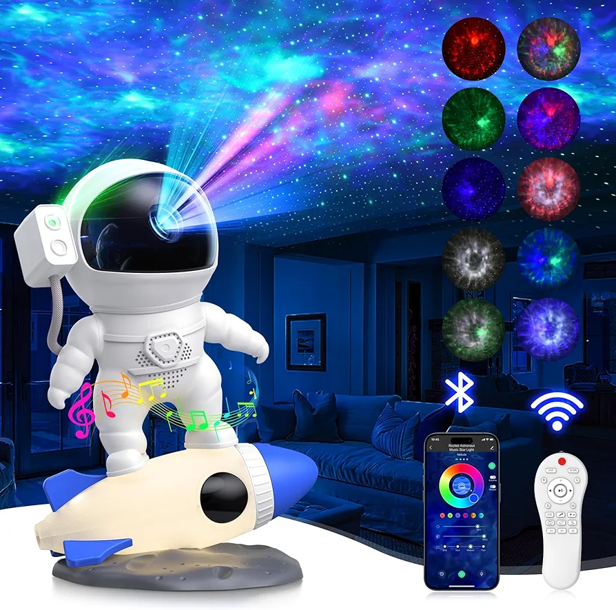 Astronaut Galaxy Projector, Star Nebula Projector with Rocket Lamp, Night Lights LED Star Projector for Bedroom, Remote Control, White Noises, Bluetooth Speaker for Ceiling, Room Decor, Gifts