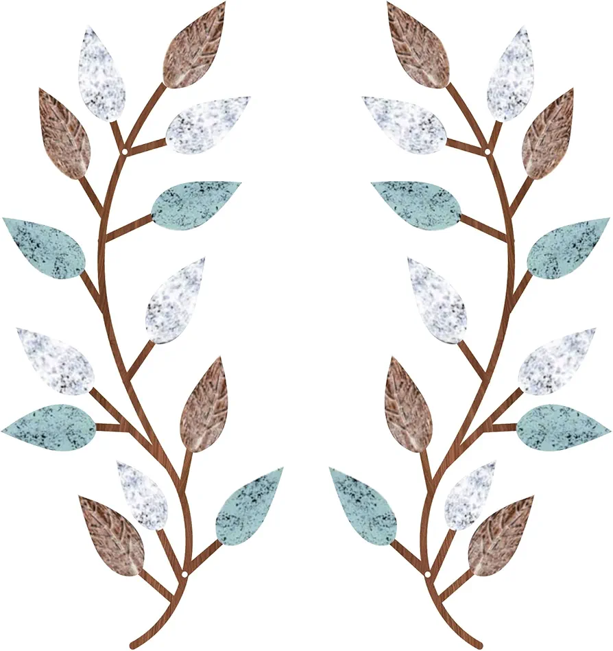 Zhengmy 2 Pieces Metal Tree Leaf Wall Decor Vine Olive Branch Leaf Wall Art Living Room, Hallway Wall Decor Outdoor Decoration(Blue Brown Colors)