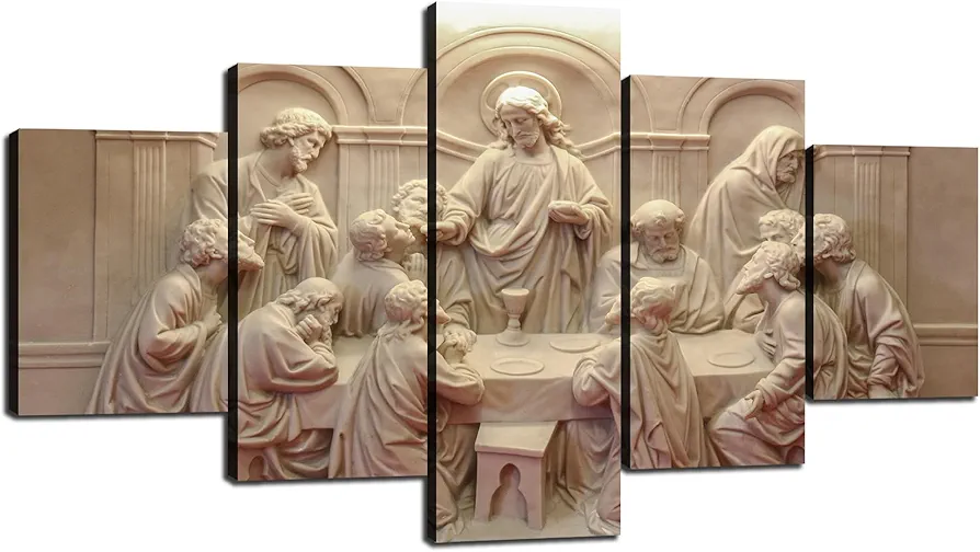 Jesus Last Supper Wall Decor for Living Room Pictures 5 Piece Canvas Prints Wall Art Christ Ultima Cena Paintings Bedroom Decoration for Home Poster Frame Christian Sculpture(60"Wx32"H), Large