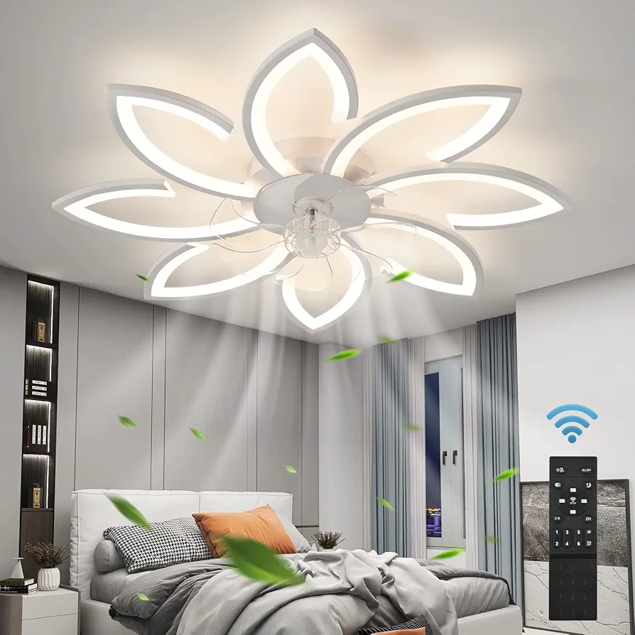 Ceiling Fan with Light Remote Control, 35" 6 Speeds 3 Colors Geometric Bladeless Ceiling Fan with Lights, White Low Profile Flush Mount Ceiling Fan for Kitchen Bedroom Living Room