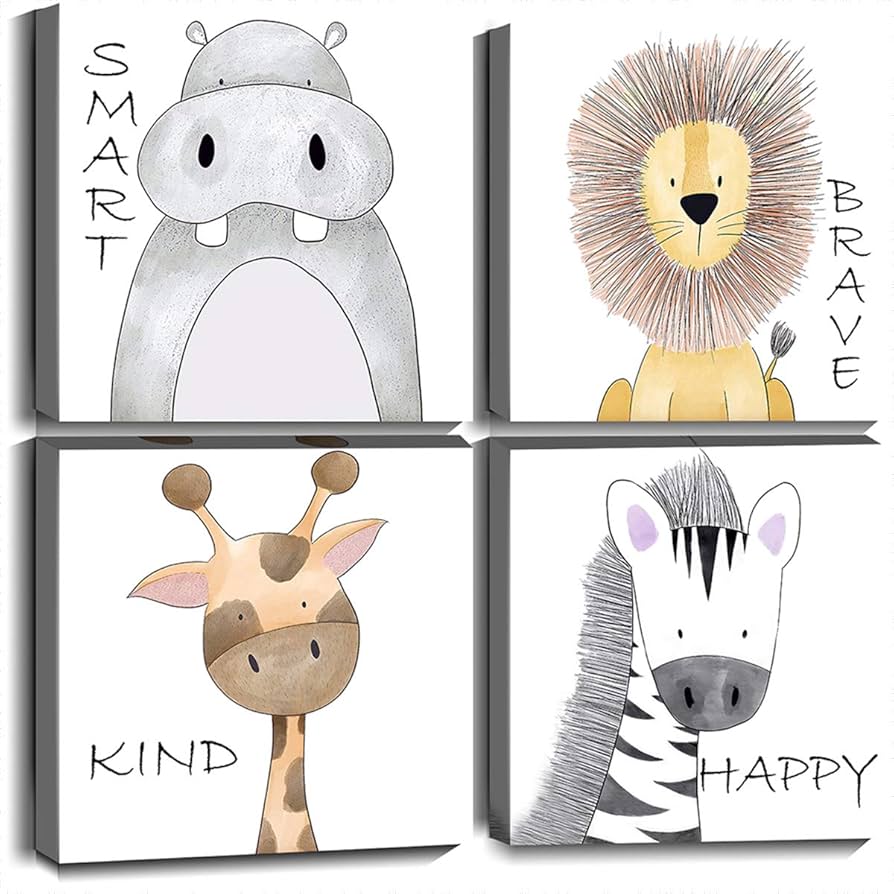 Oreichar Art Kids Wall Art Inspirational Quotes Canvas Print Safari Animals Painting Picture for Nursery Baby Children's Room Bedroom Decoration (12"x12"x4pcs)