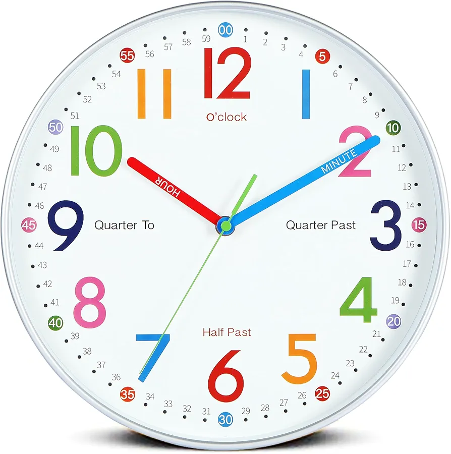 12inch Learning Clock for Kids, Teaching Clock Kids Analog Colorful bedrooms Wall Clock Silver ET-7789