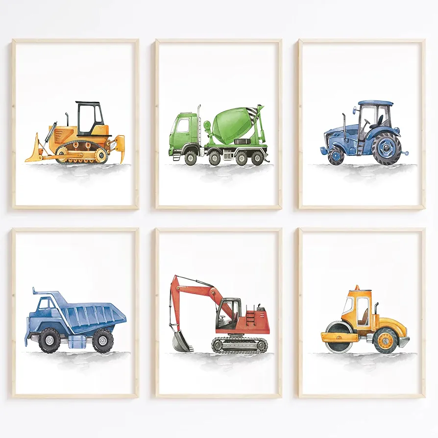 Boys Truck Wall Art Set of 6 Truck Vehicle Canvas Wall Art Decor Toddler Construction Wall Art Watercolor Truck Pictures Kids Playroom Art Prints Nursery Artwork for Room Bedroom 8x10 Inch Unframed