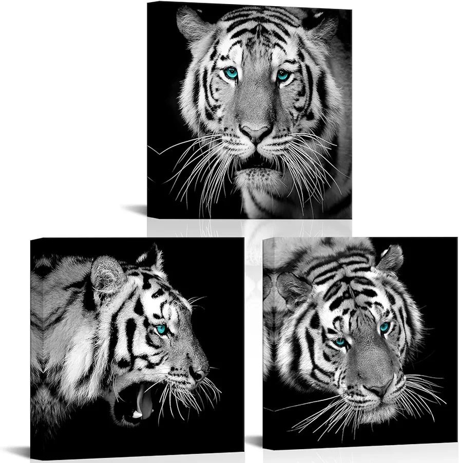 LyeArtork 3 Pieces Tiger with Green Eyes Wall Art Black and White Wildlife Tiger Portrait Canvas Prints Pictures Wall Decor Artwork for Modern Home Living Room Bedroom Office 12x12inchx3pcs