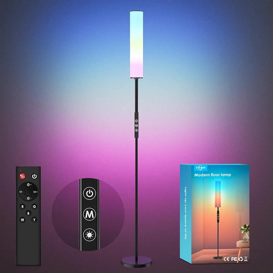 RGB Corner Floor Lamp, 20W LED Corner Lamp RGBW 2000K-6000K 3 Colors Temperature Dimmable, 1500 Lumens Modern 65" Tall Standing Lamps with Remote Touch Switch for Living Room Bedroom