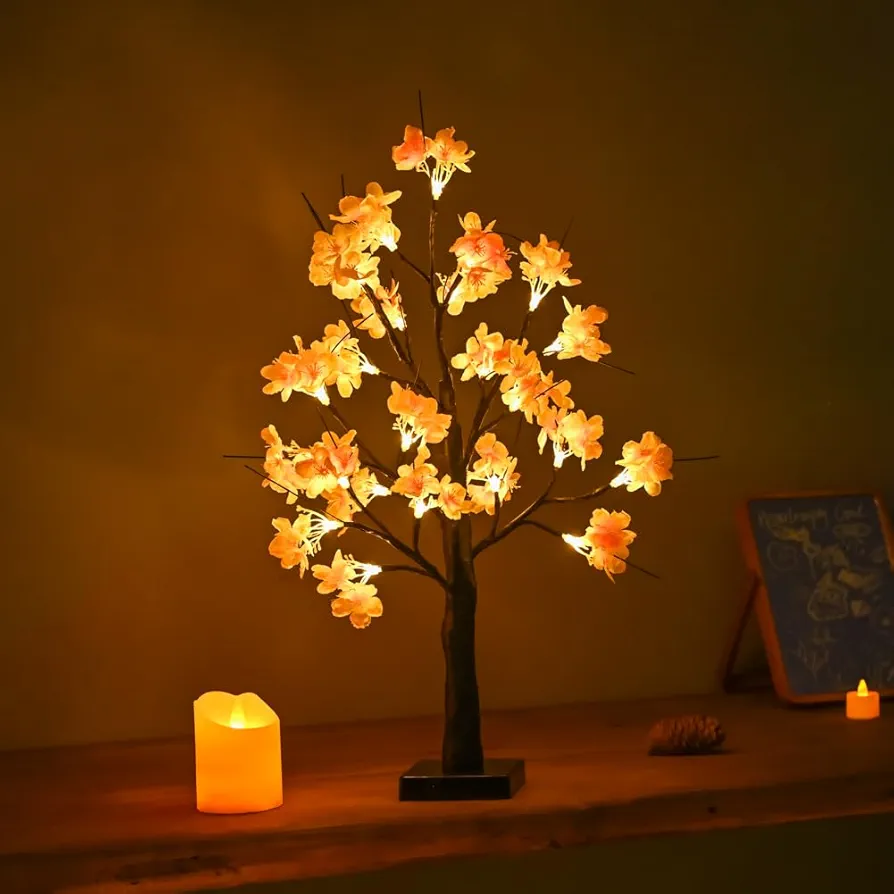 Peach Blossom Tree Light, 23inch 24LED Lighted Tabletop Lamp, USB Powered Artificial Flower Bonsai Tree Lamp, Gifts for Home Decor Room Office Party Wedding Christmas Decorations