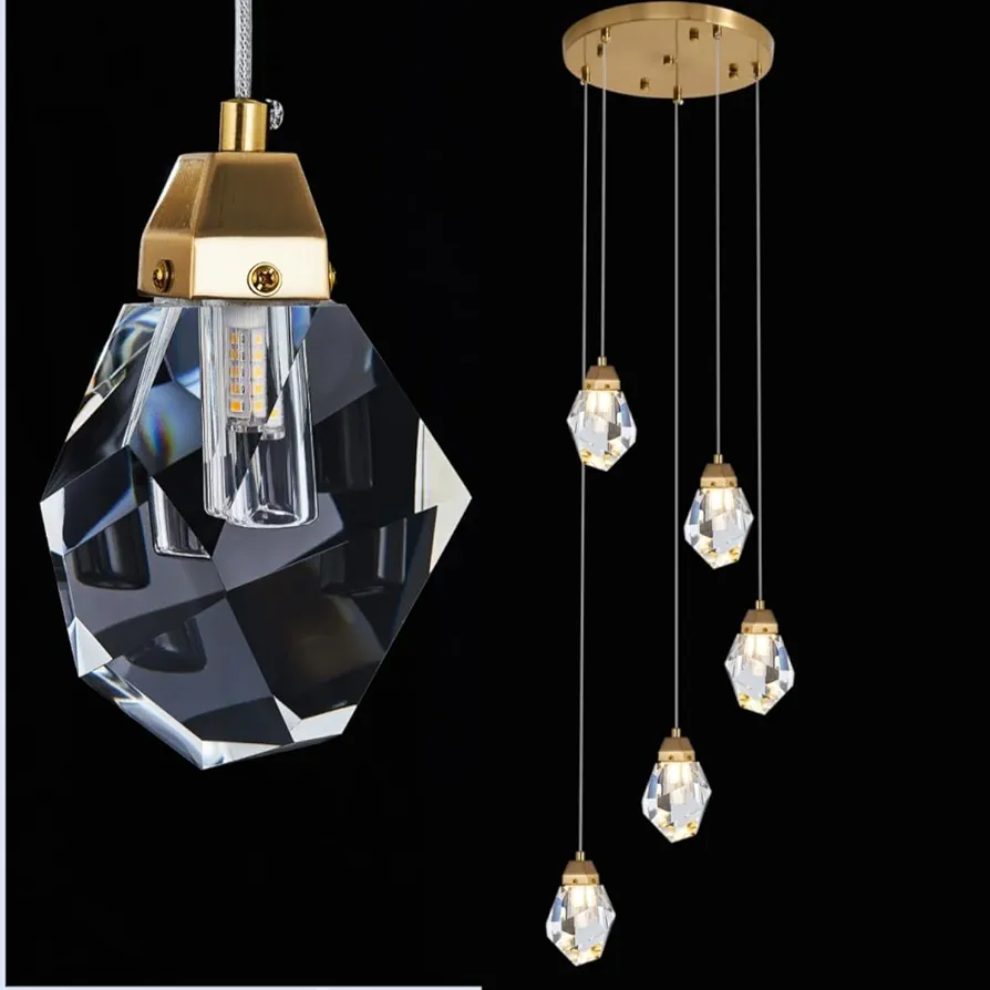 Dimmable Brass Gold Crystal Pendant Light - Modern 5-Light Diamond Chandelier for Kitchen Island, Dining Room, Hallway, and Bathroom