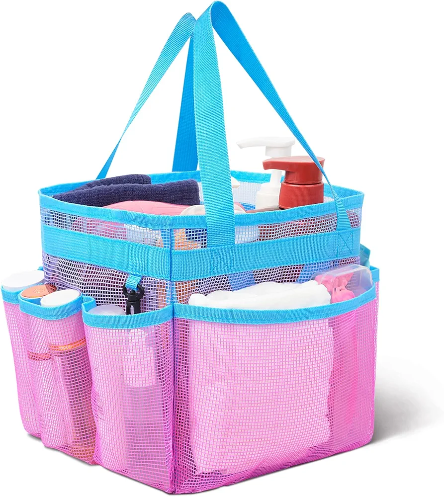 Fiodrimy Mesh Shower Caddy Portable for College Dorm Room Essentials, Hanging Shower Caddy Dorm Basket with 8 Pockets, Quick Dry Shower Bag for Bathroom (Pink Blue)