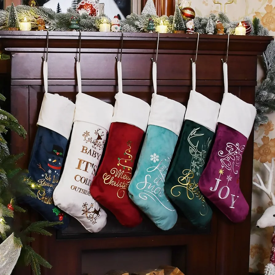 Senneny Pack of 6 Luxury Velvet Christmas Stockings, Quality Embroidered Patterned Xmas Stockings Large, Classic Christmas Hanging Decorations for Family Christmas Holiday Party