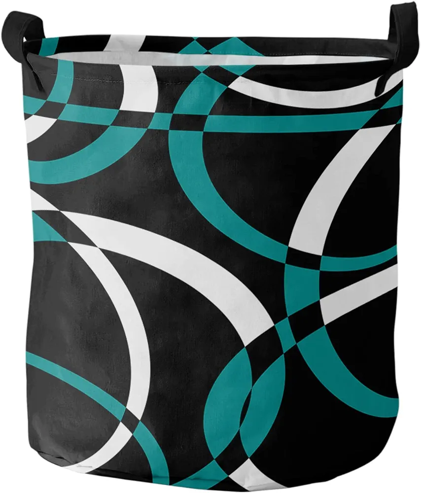 Collapsible Laundry Basket - 16.5 x 17 In Teal White Geometric Storage Bin Laundry Hamper with Handles, Round Abstract Art Modern Black Waterproof Clothes Baskets for Bedroom/Kids Room