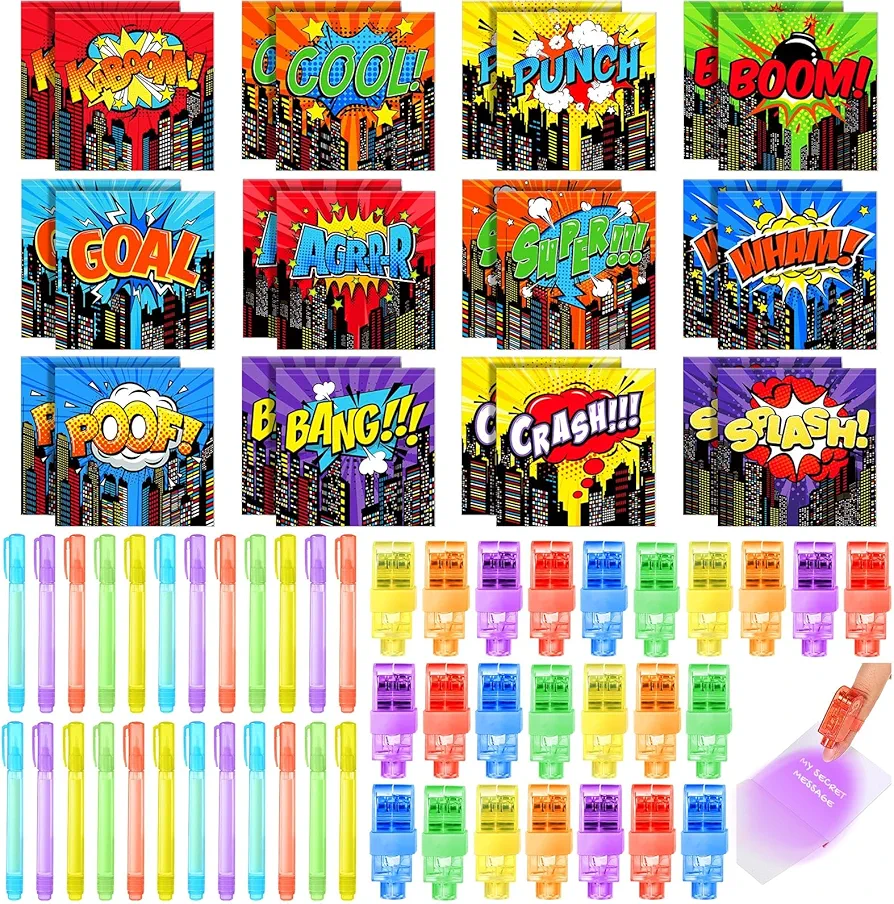 72 Pcs Hero Party Favors Invisible Ink Pen Mini Hero Notebooks Uv Light Comic Inspired Pocket Notepad Spy Pens for Kids Hero Party Classroom Rewards Supplies Pinata Stuffers Birthday Gifts