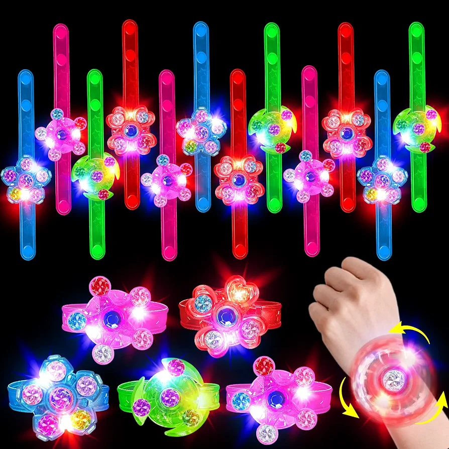 24 Pack LED Light Up Fidget Spinnning Bracelets Kids Party Favors Goodie Bag Stuffers Glow in The Dark Party Supplies Return Gifts for Kids Toys Birthday Party Favors Classroom Prizes