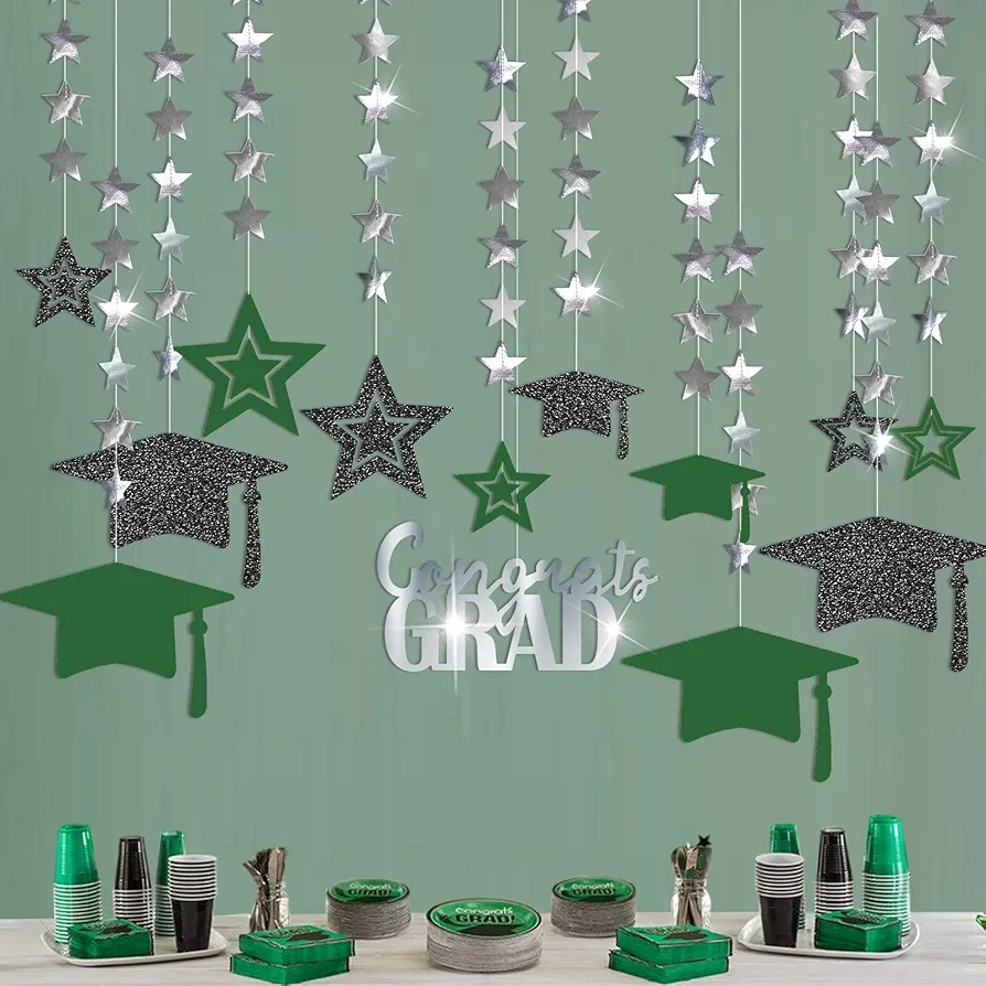 Cheerland Green Graduation Party Decoration Kit Black Cap Decor Shiny Congrats Grad Banner Star Hat Garland Hanging Streamer Banner Backdrop Background for Ceiling Home Classroom