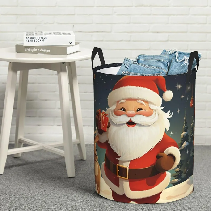 Laundry Basket Waterproof Laundry Hamper With Handles Dirty Clothes Organizer Christmas Santa Claus Print Protable Foldable Storage Bin Bag For Living Room Bedroom Playroom, Small, Black