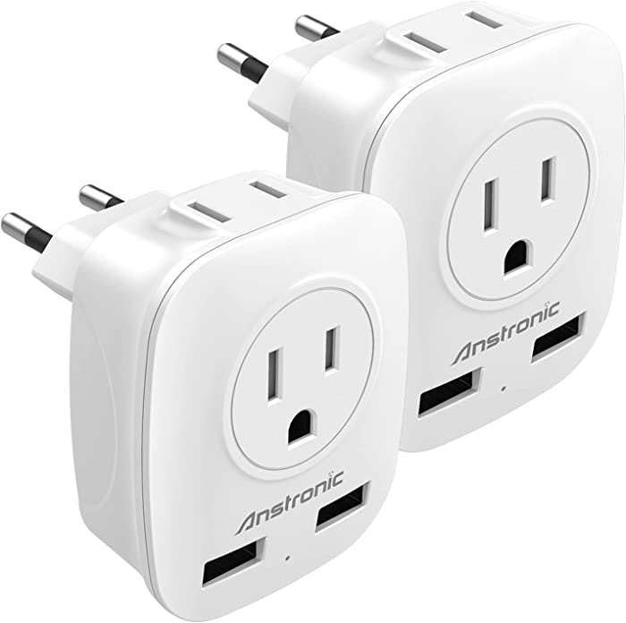 [2-Pack] European Travel Plug Adapter, Anstronic International Power Adapter with 2 USB Ports,2 US Outlets- 4 in 1 European Plug Adapter for US to Most of Europe EU Spain Italy France Germany(Type C)