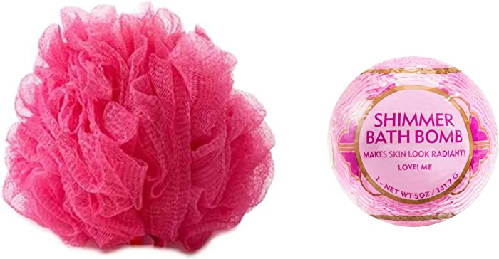 Bath Mini Spa Set of Bath Bomb and Bath Pouf, Shower Sponge, Loofah, Gift Set (Dark Pink Bath Pouf & Bath Bomb)