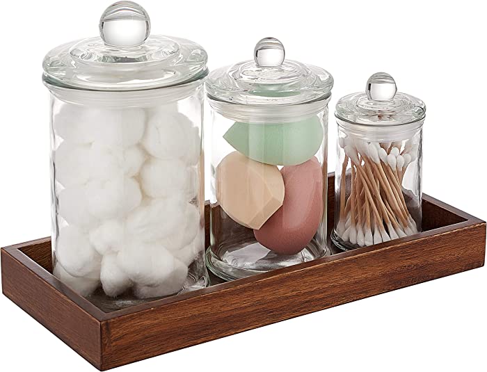 KMwares 3PCs Set Small Mini Clear Glass Premium Quality Apothecary Jars/Bathroom Storage with Lids/Vanity Organizer Canisters for Cotton Balls/Swabs, Makeup Sponges, Bath Salts, Q-Tips (Brown Tray)