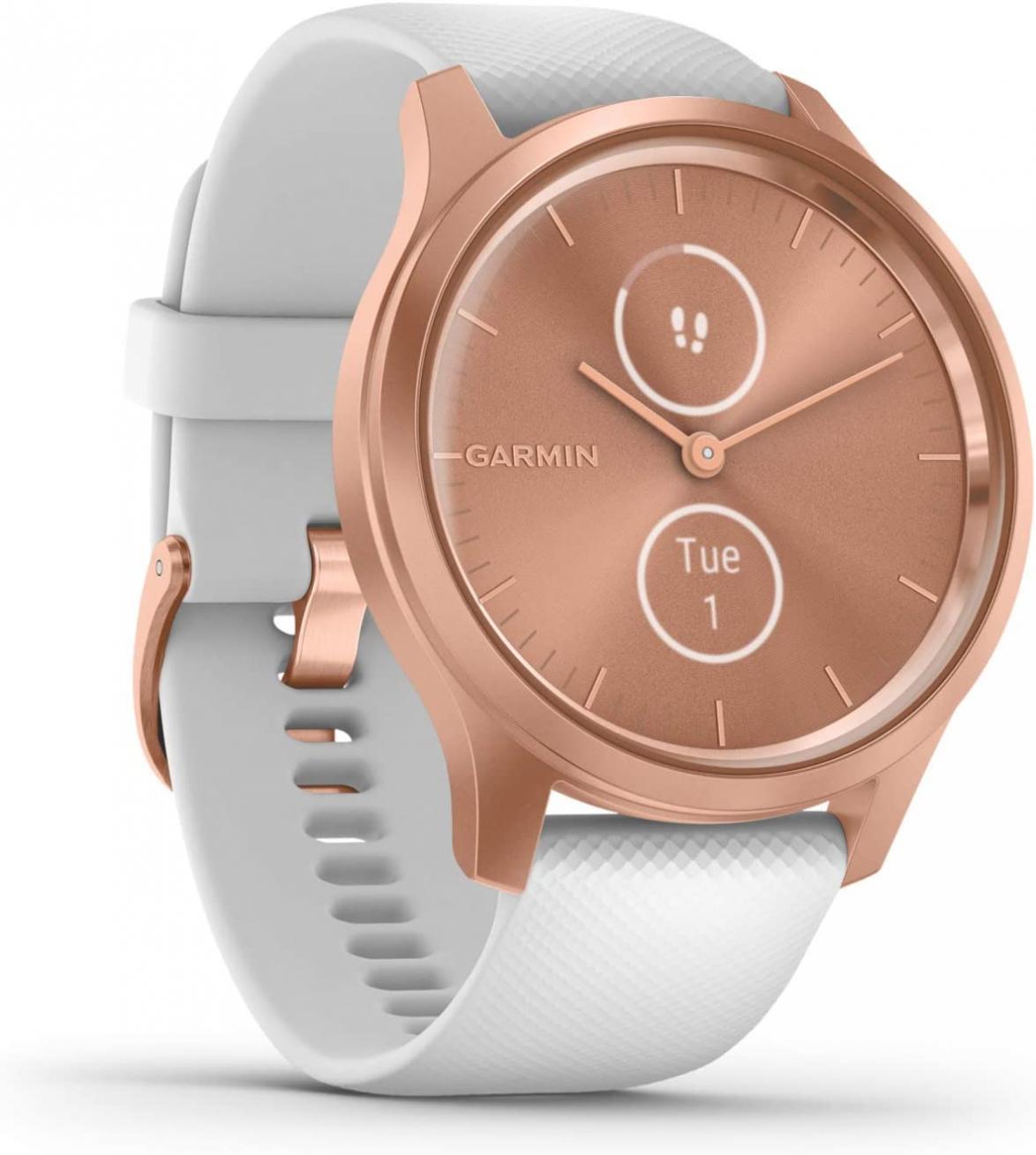 Garmin vivomove Style, Hybrid Smartwatch with Real Watch Hands and Hidden Color Touchscreen Displays, Rose Gold with White Silicone Band