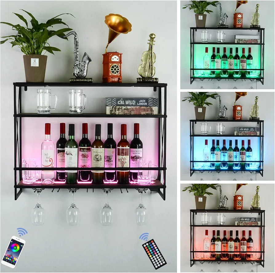 LED Wine Racks Wall Mounted, Remote Control and 7 Stem Glass Holders, 31.5in Industrial Metal Hanging Rack, Rustic Bottle Holder 3-Tiers Bar Shelves for Home, Dining Room