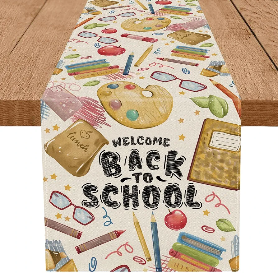 Welcome Back to School Table Runner Books Pencil Glasses Students First Day of School Classroom Kitchen Dining Table Room Decorations 13x72 Inch