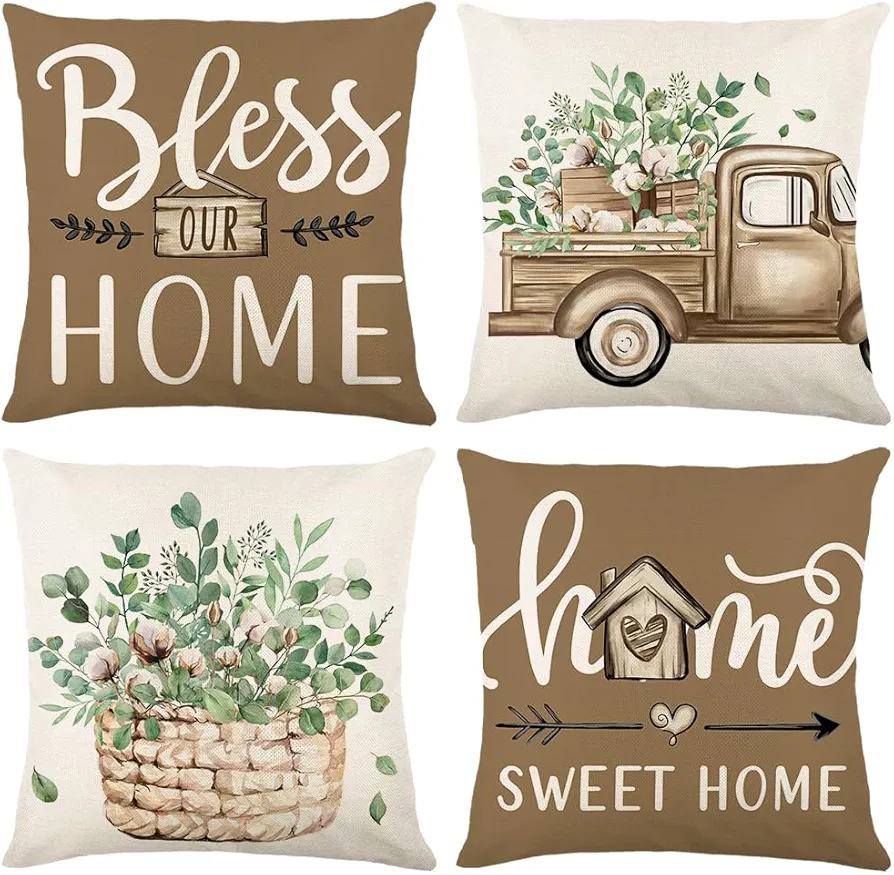 Throw Pillow Covers 18x18 Set of 4 Farmhouse Pillow Covers Brown Home Sweet Home Cushion Cases for Sofa Couch Living Room Outdoor Home Decor