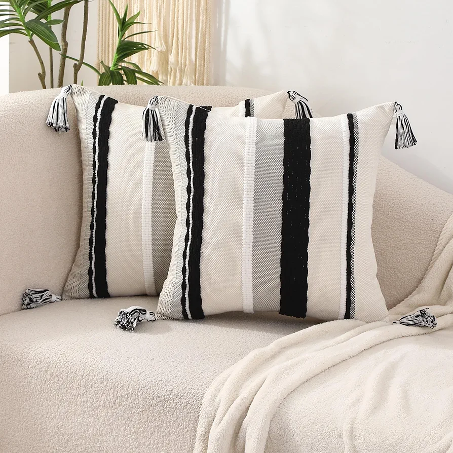 Boho Pillow Covers 18x18 Inch Set of 2 Black and White Striped with Feature Tassels Chenille Throw Pillow Covers Square Decorative Pillowcases for Sofa Couch Bed Living Room Farmhouse Decor