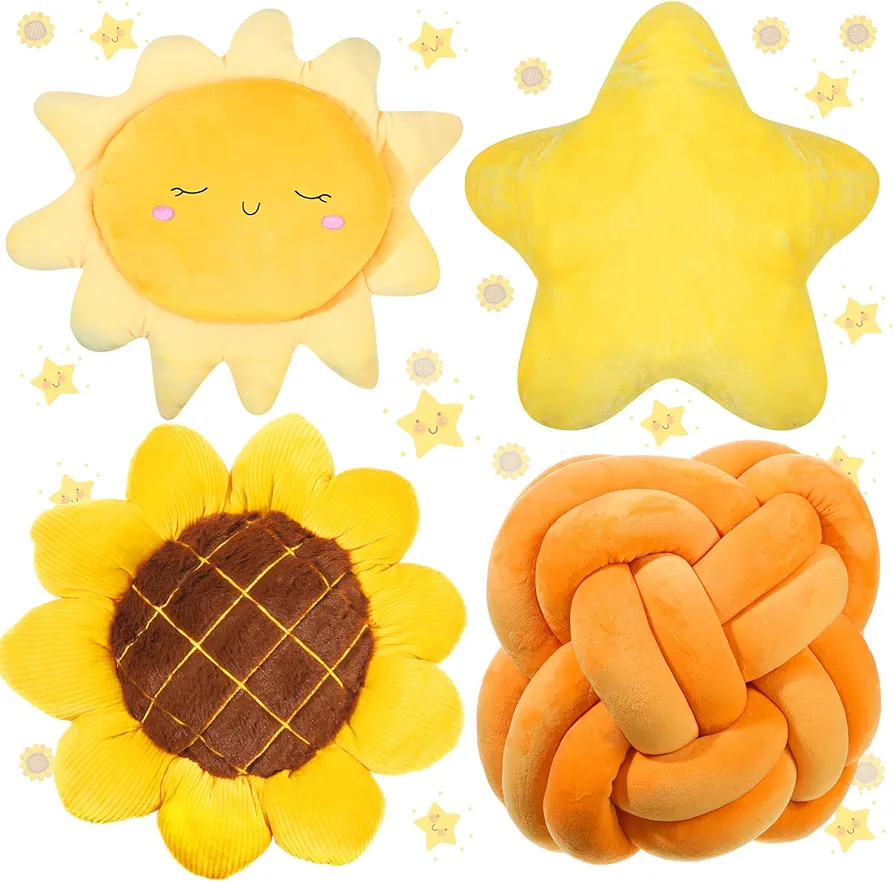 Set of 4 Decorative Throw Pillow for Girl Star Sun Sunflower Knot Pillow Fluffy Plush Soft Stuffed Pillows for Living Room Bedroom Playroom Bed Sofa Chair Floor Decors