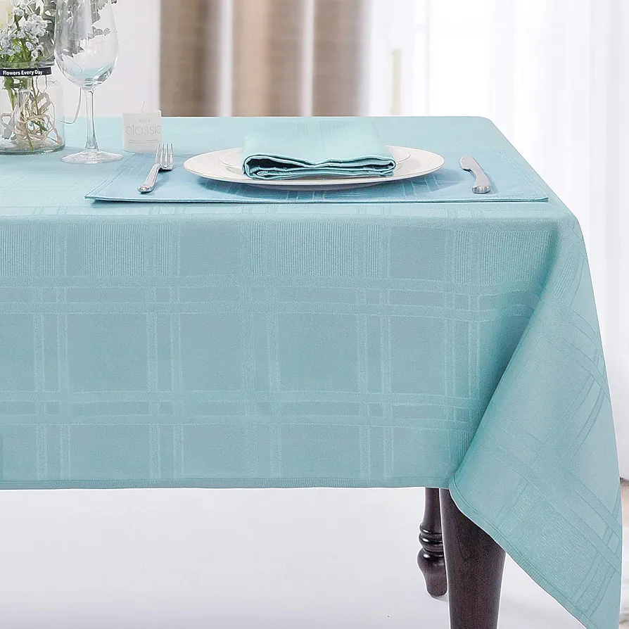 JUCFHY Soild Plaid Jacquard Summer Table Cloth Elegance Wrinkle Resistant Contemporary Woven Decorative Tablecloths, Spillproof Soil Resistant Holiday Table Cover, 60 X 144, Turquoise