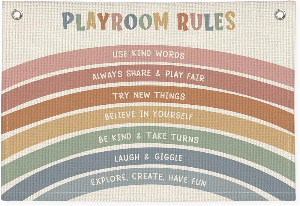 Playroom Wall Decor, Playroom Rules Banner, Boho Rainbow Canvas Banner Wall Hanging Banner Flag Decor for Nursery Classroom Playroom Kids Room, Playroom Essentials