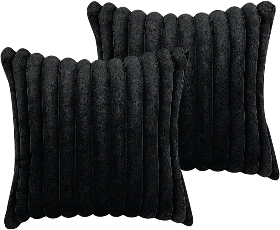 18x18 Throw Pillow Covers Set of 2, Decorative Faux Fur Covers for Bed, Couch Soft Fluffy Pillow Cover with Velvet Back for Living Room, Neutral Home Décor Accent for Sofa - Black