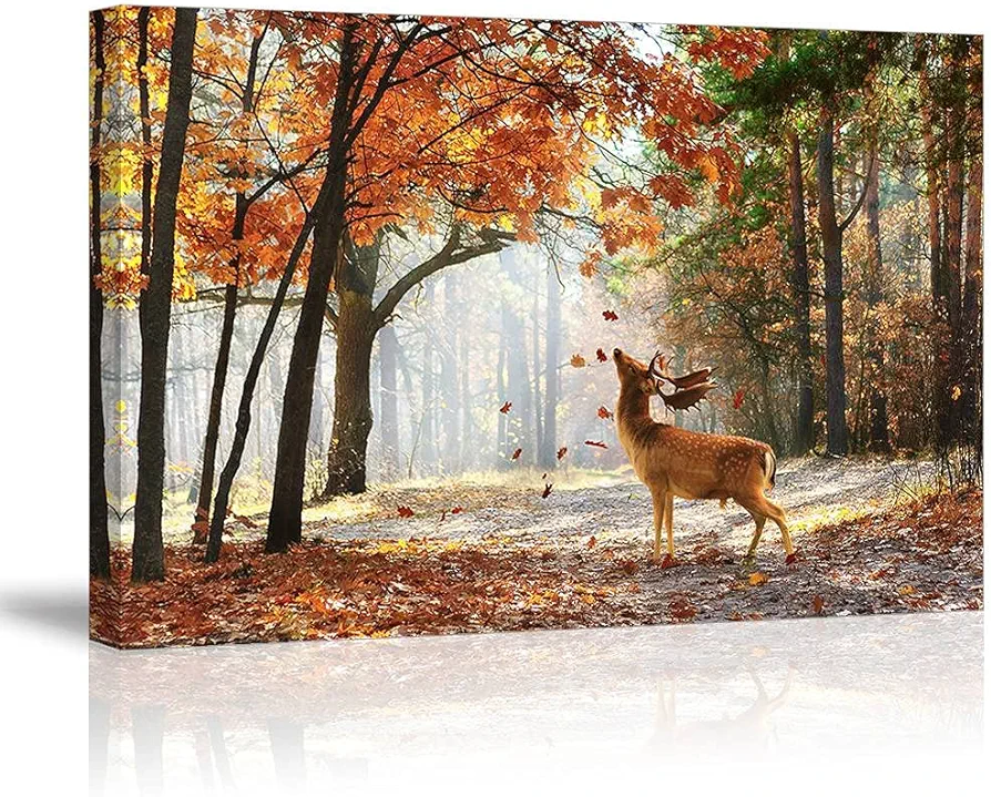 TEKMENT Deer Autumn Forest Wall Art for Living Room, Beautiful Sika Wild Animal in Morning Canvas Prints with Falling Leaves, Sweet Scenic Landscape Picture Decor (Waterproof Artwork, 24x36)