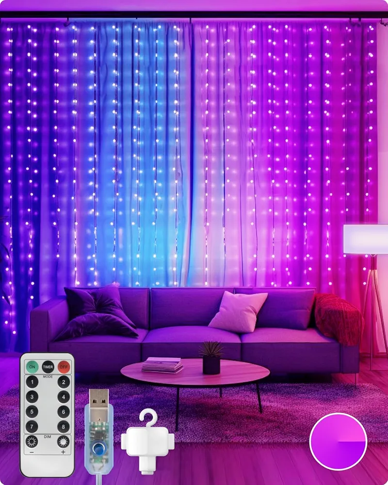 Curtain Lights 300 LED Twinkle Fairy Lights with Remote USB Powered for Wedding Christmas Backdrop for Bedroom Home Room Decor (Purple)