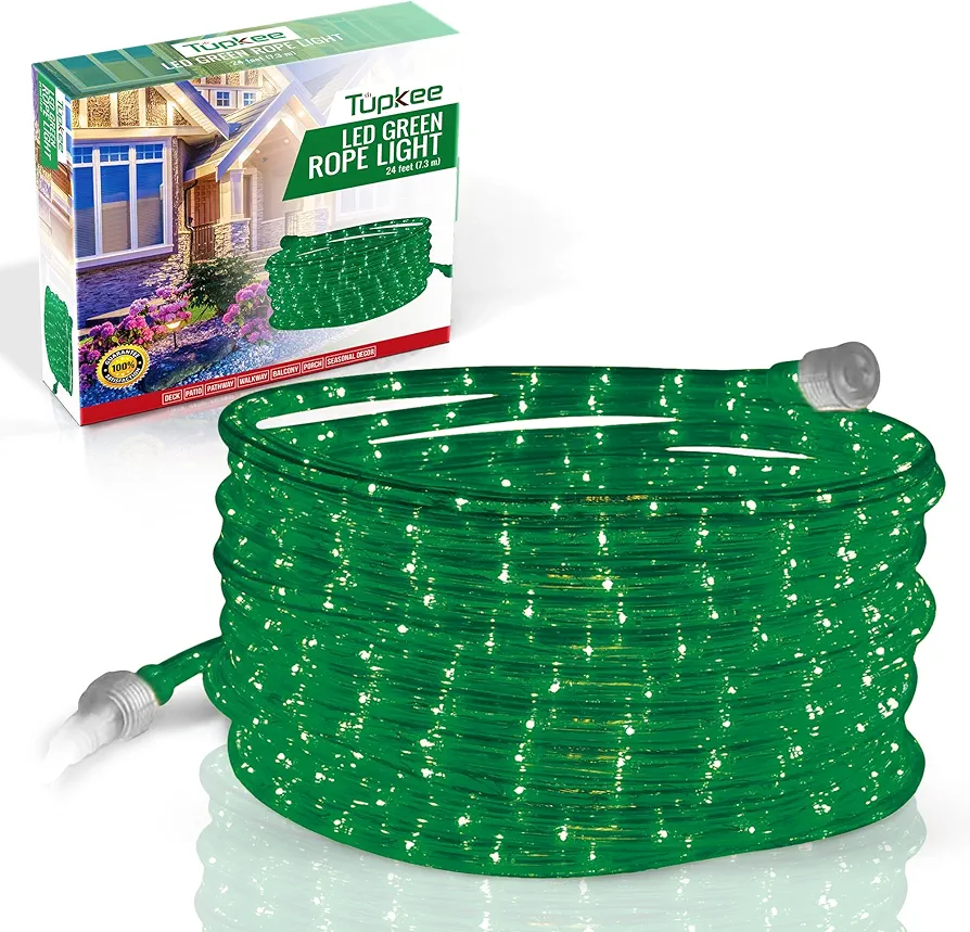 Tupkee LED Rope Light Green - for Indoor and Outdoor use, 24 Feet (7.3 m) - 10MM Diameter - 144 LED Long Life Bulbs Rope Tube Lights