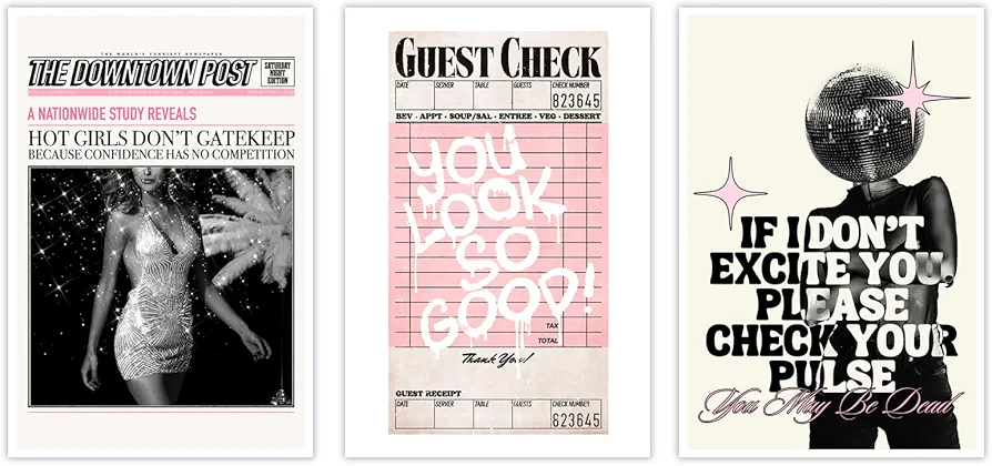 NSQQBQQ Vintage Pink Canvas Wall Art Set of 3 - Funky Hot Girl Quotes Newspaper You Look So Good Room Aesthetic Poster - Trendy Disco Ball Preppy Bar Cart Wall Decor 12x16in Unframed