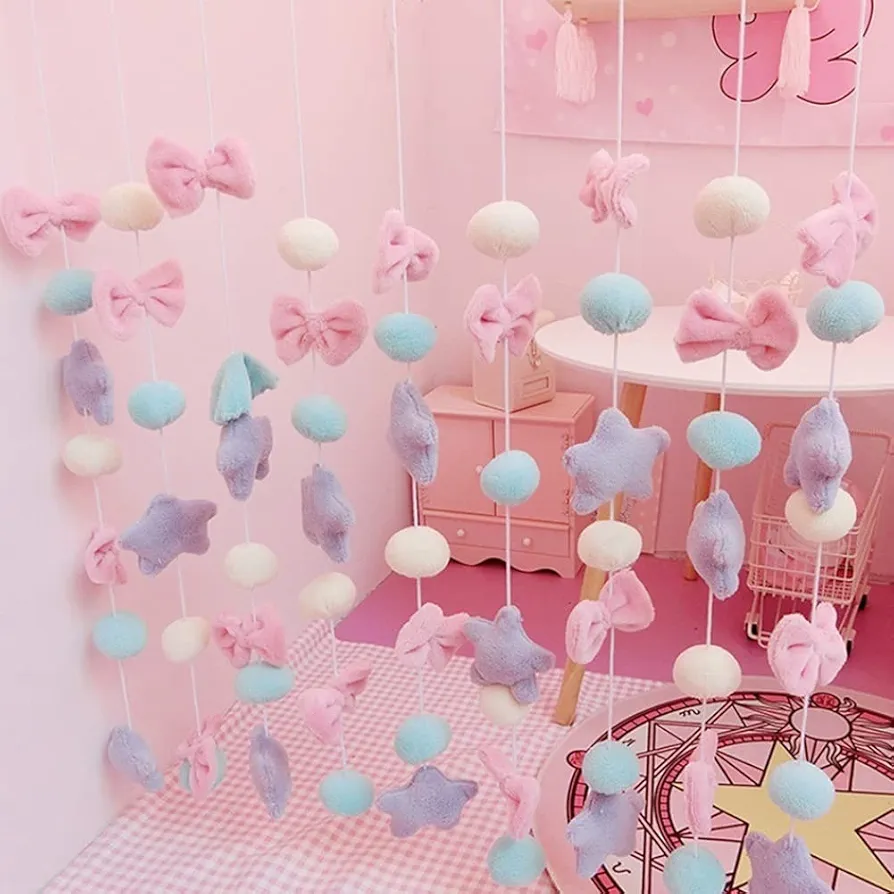 Fluffy Curtain Kawaii Hanging String Garland for Baby Room Tassel Garland Sweet Bowknot Pentacle Home Decor (Pink - Star, 9 strings)