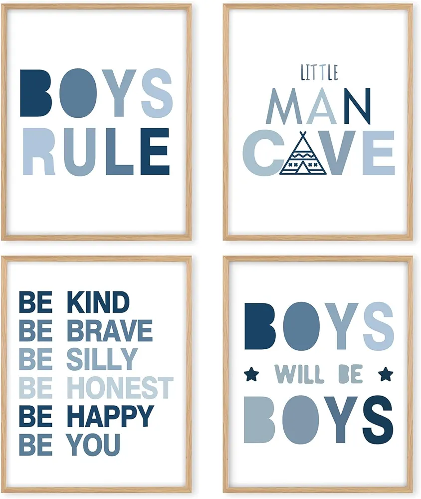 Boat Wades Boys Rules Affirmations Posters - Boho Navy Blue Poster Prints for Home Boys Room Playroom Nursery Classroom Decor (8 X 10 Inch, Unframed Set of 4)