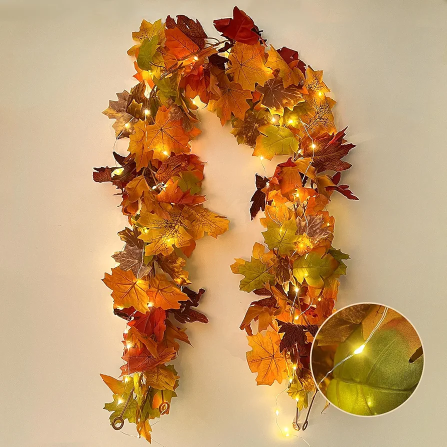 RECUTMS 2 Pcs Fall Decorations Fall Leaves Garland Fall Leaf Autumn Thanksgiving Halloween Decor Maple Leaves for Indoor Room Autumn (Mixed)