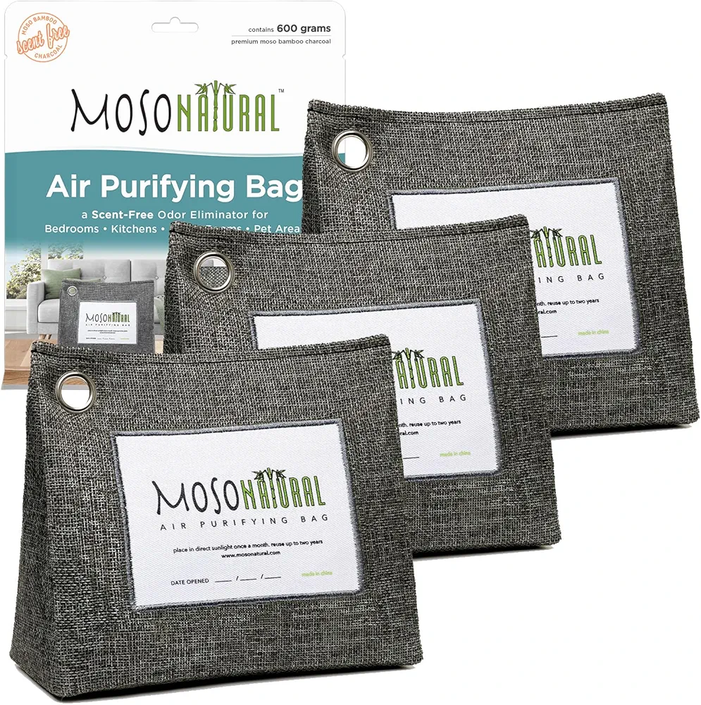 Moso Natural Air Purifying Bag 600g (1.3lbs) 3 Pack. A Premium Scent Free Bamboo Charcoal Odor Absorber. Kitchen, Bedroom, Basement, Large Room. Luxury Stand Up Design. Two Year Lifespan