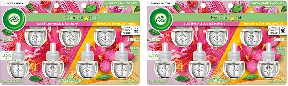 Air Wick Plug in Scented Oil Refill, 7ct, Lush Honeysuckle & Raspberry + Hibiscus & Blooming Orchids. Air Freshener, Essential Oils (Pack of 2)