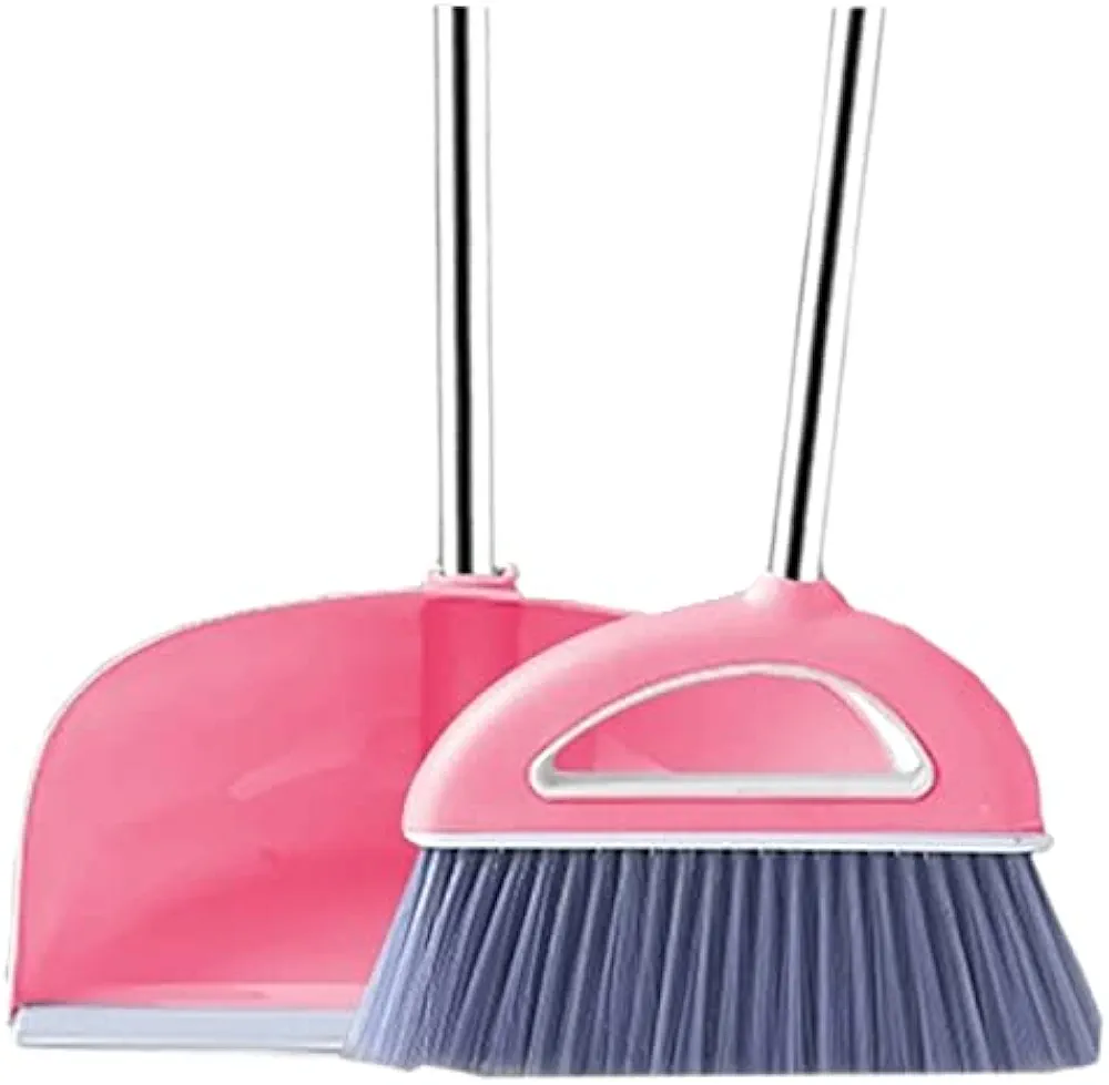 Broom and Dustpan Set Lightweight Plastic Non-Stick to Hair Broom and Dust Pan Combo Outdoor Indoor for Home Kitchen Room Office(Pink)