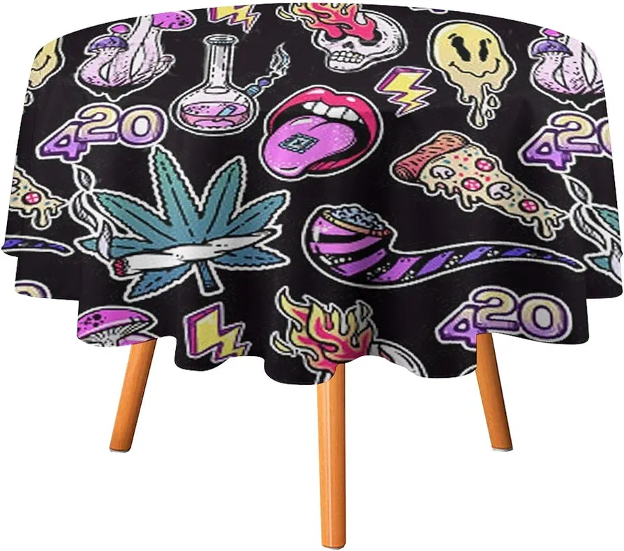 Stoned Trippy Drug Theme and Cool Psychedepic Character Round Tablecloth Washable Table Cloth Polyester Table Cover for Dining Room Party Picnic 50x50in