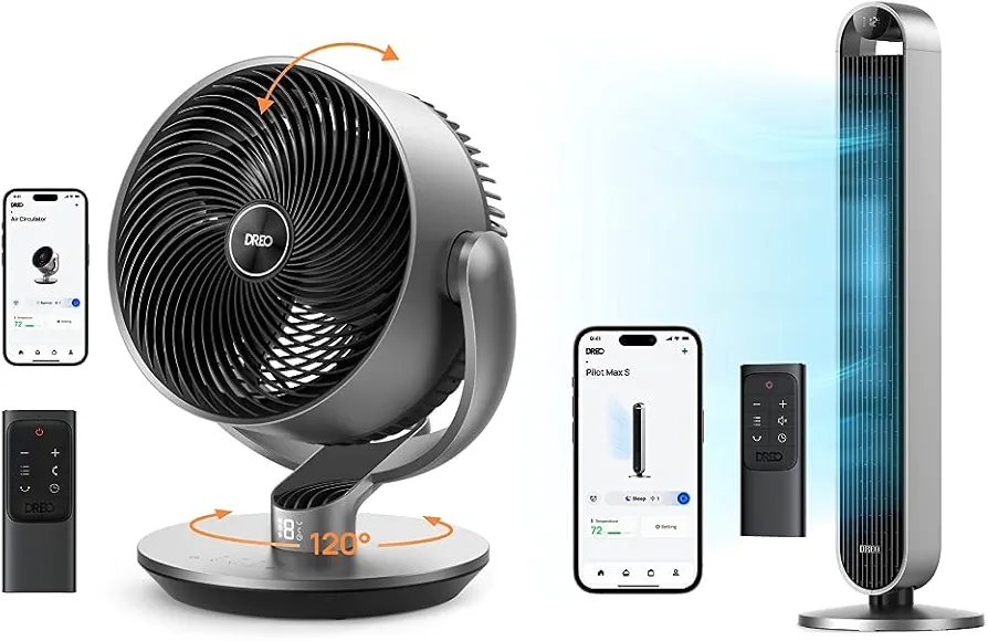 Dreo Smart Fans for Bedroom, 11 Inch, 25dB Quiet DC Room Fan with Remote, 120°+90° Oscillating Fan & Tower Fan 42 Inch Pilot Max, 2023 Upgraded Smart Fans for home