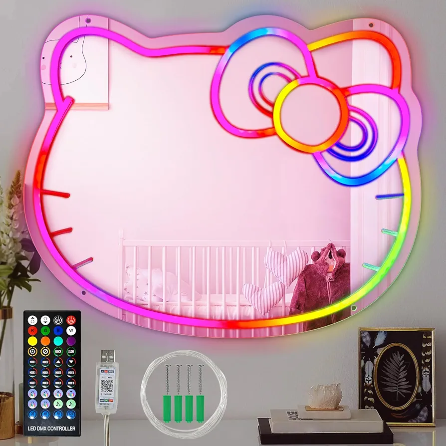 Hello Kitty Mirror with Light Neon Sign, Dimmable Acrylic Mirror with Lights Makeup Mirror Bedroom Wall Mirror Pink Room Decor and Makeup Mirror with Lights Teen Girl Gift