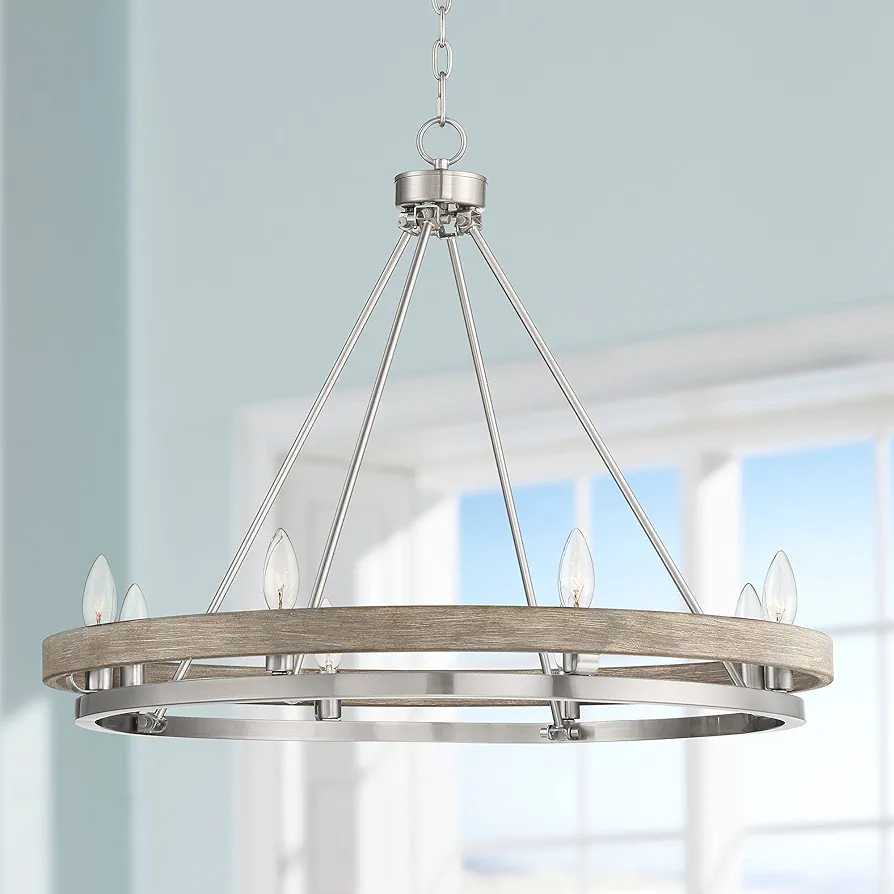 Possini Euro Design Lora Brushed Nickel Graywood Wagon Wheel Chandelier Lighting 29 1/4" Wide Farmhouse Rustic 8-Light Fixture for Dining Room Living House Home Kitchen Island Entryway Bedroom