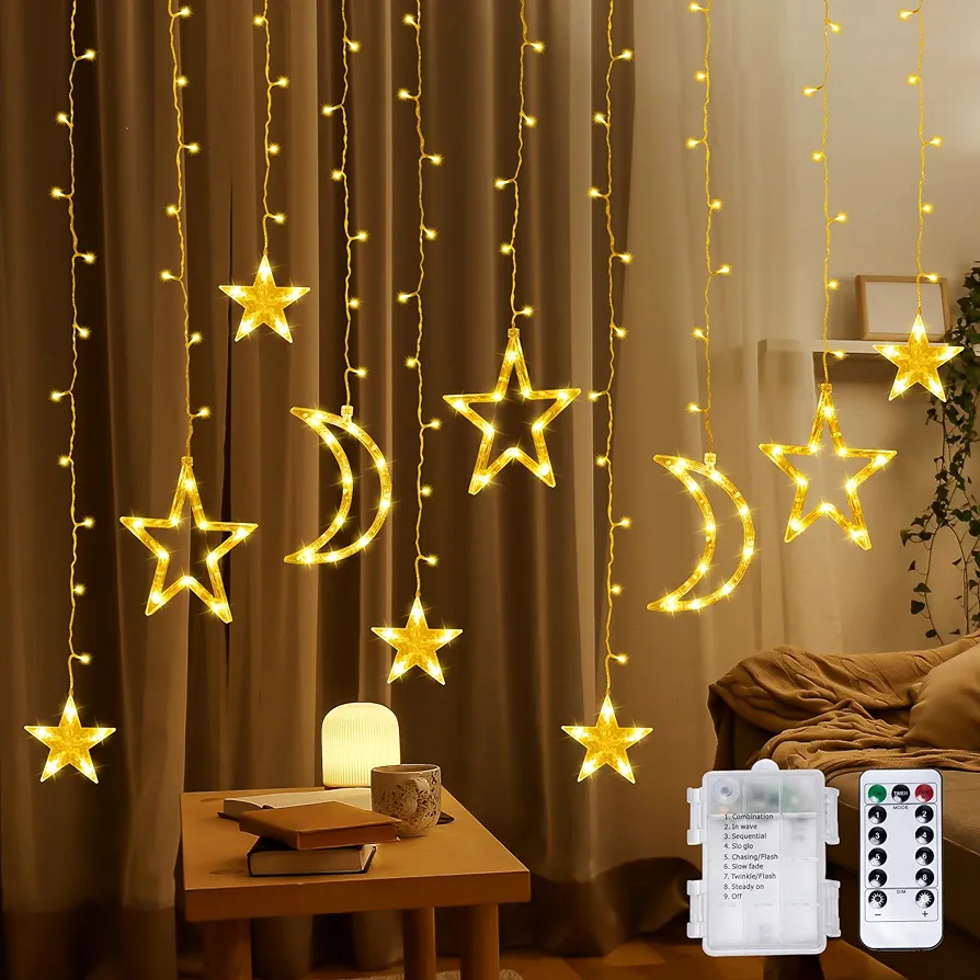 Fussion Star and Moon String Lights 138 Inch, LED Curtain String Lights with Remote, 8 Modes, Battery Operated Fairy Lights Window Lights for Indoor Outdoor Holiday Decorations