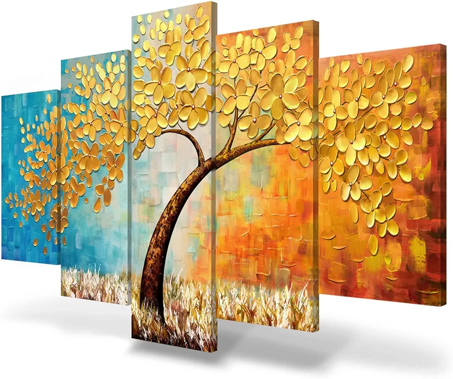 Large Wall Art Paintings for Bedroom Tree Wall Decor 3D Gold Flower Wall Painting Textured Canvas Picture Modern Abstract Home Decorations for Living Room Kitchen Office Wall Decorations 60x30in