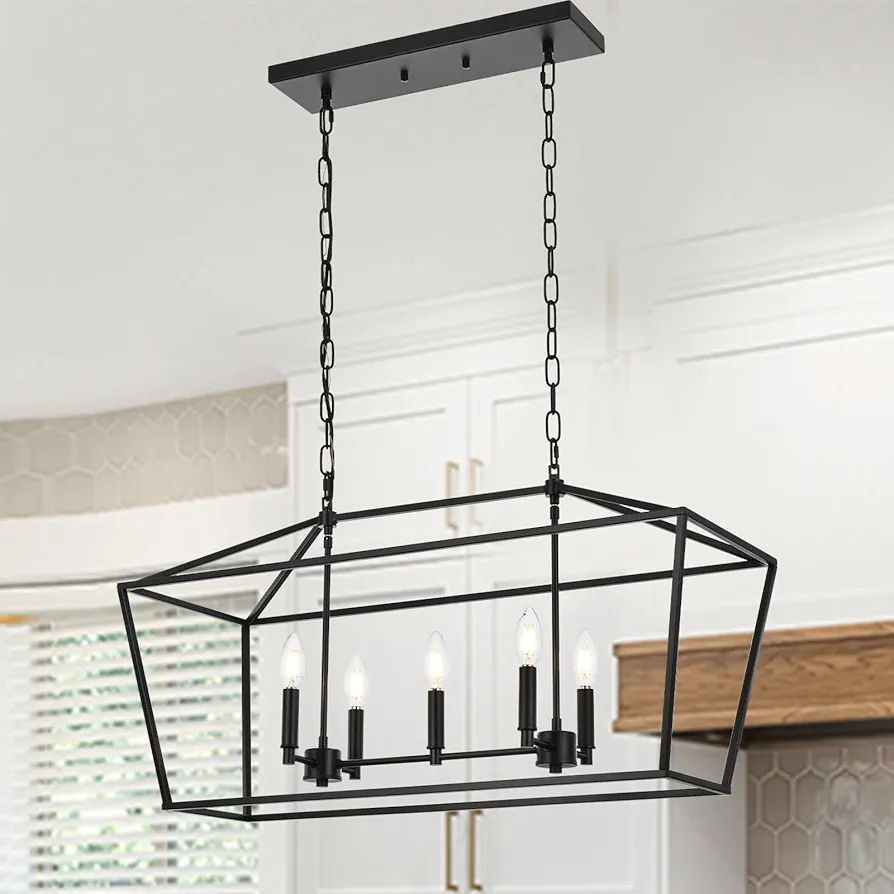 5-light Kitchen Island Linear Chandelier Large Farmhouse Black Pendant Lighting for Dining Room Over Table Vintage Lantern Hanging Light Fixture, Sloped Ceiling