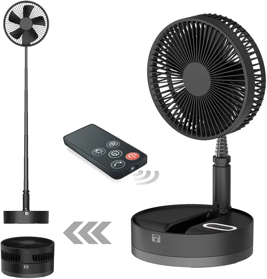 UN UNITEDTIME Foldable Fan Foldaway Oscillating with Remote Control, 10800mAh Battery Operated Fans, Portable for Outdoor, Courtyard, Beach,Travel, Room,4 Speeds, with Timer night light (Black)