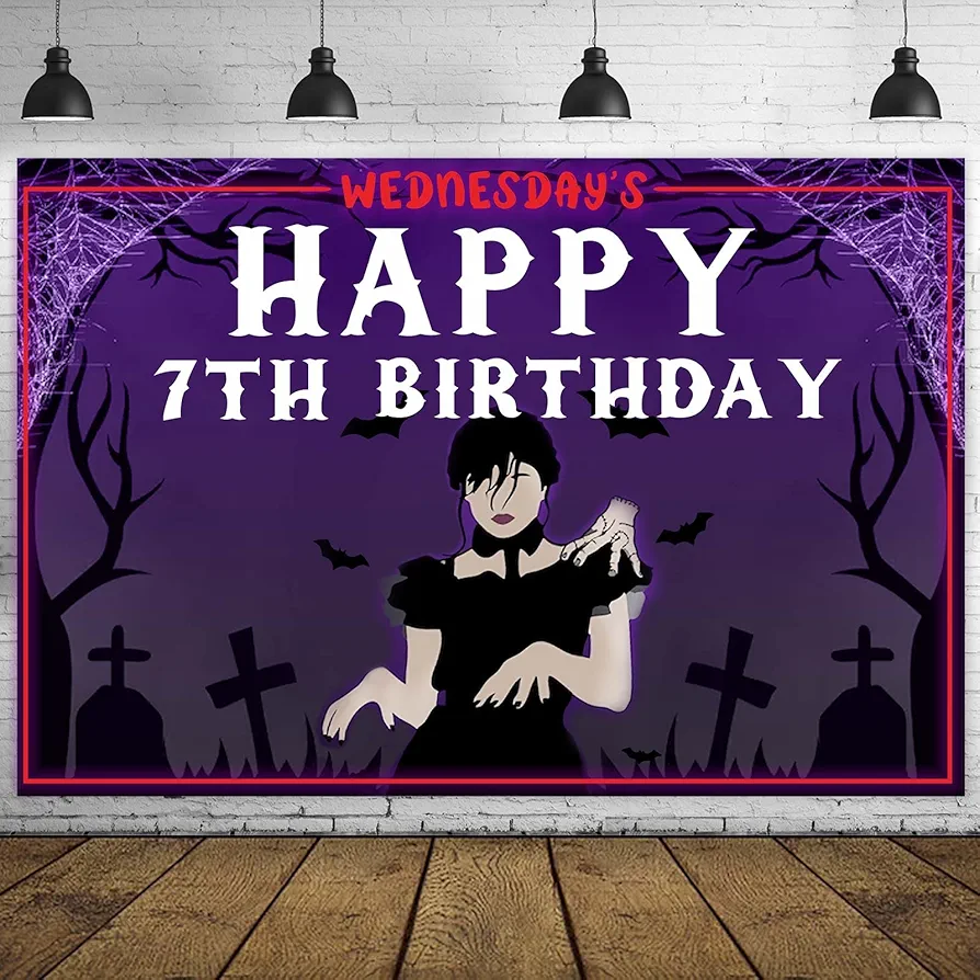 Wednesday Banner Happy 7th Birthday Backdrop Horror Fantasy TV Drama Theme for Boy Girl Fan Room Bedroom Playroom College Dorm and Apartment Decorations Wednesday Party Supplies Birthday Party Décor