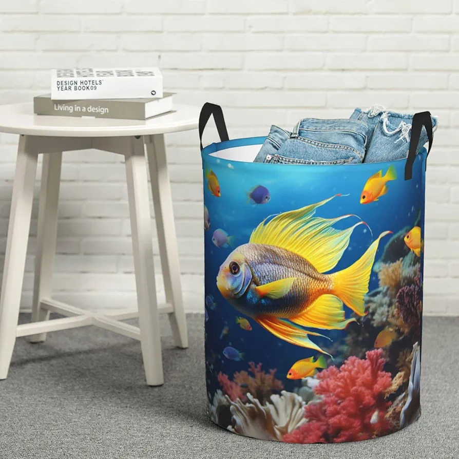 Laundry Basket Waterproof Laundry Hamper With Handles Dirty Clothes Organizer Colorful Fish Print Protable Foldable Storage Bin Bag For Living Room Bedroom Playroom, Small, Black